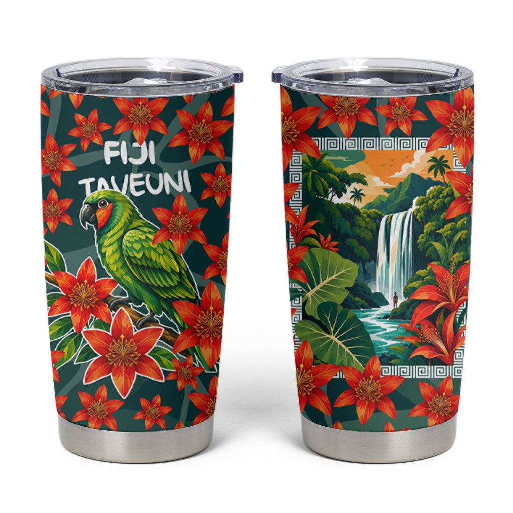 Fiji Taveuni Parrot Tumbler Cup Tropical Waterfall Landscape With Floral Tribal Pattern