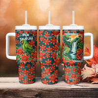 Fiji Taveuni Parrot Tumbler With Handle Tropical Waterfall Landscape With Floral Tribal Pattern
