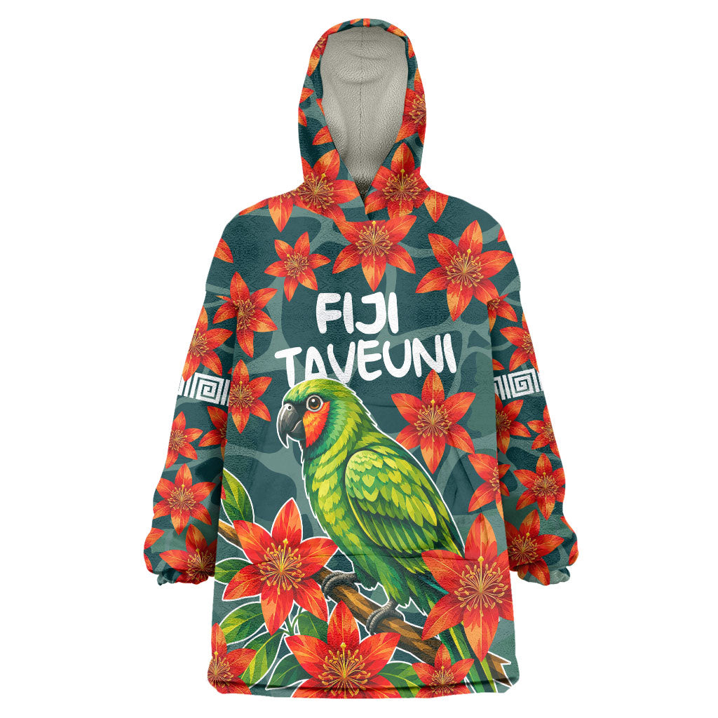 Fiji Taveuni Parrot Wearable Blanket Hoodie Tropical Waterfall Landscape With Floral Tribal Pattern
