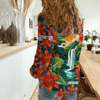 Fiji Taveuni Parrot Women Casual Shirt Tropical Waterfall Landscape With Floral Tribal Pattern