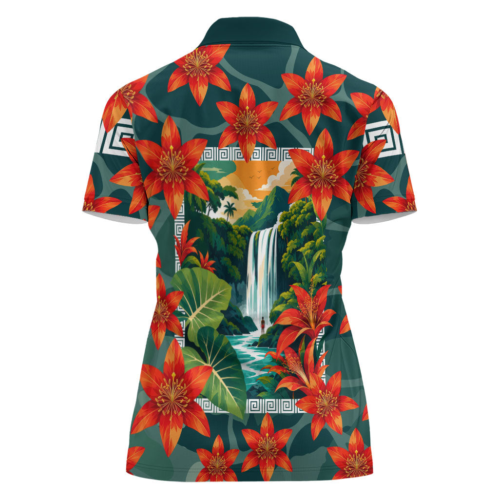 Fiji Taveuni Parrot Women Polo Shirt Tropical Waterfall Landscape With Floral Tribal Pattern