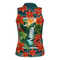 Fiji Taveuni Parrot Women Sleeveless Polo Shirt Tropical Waterfall Landscape With Floral Tribal Pattern