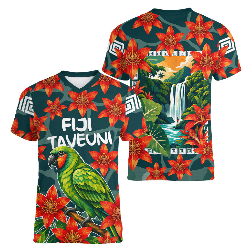 Fiji Taveuni Parrot Women V-Neck T-Shirt Tropical Waterfall Landscape With Floral Tribal Pattern