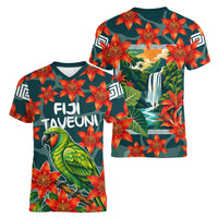 Fiji Taveuni Parrot Women V-Neck T-Shirt Tropical Waterfall Landscape With Floral Tribal Pattern