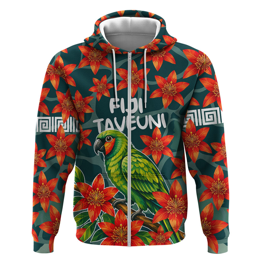 Fiji Taveuni Parrot Zip Hoodie Tropical Waterfall Landscape With Floral Tribal Pattern