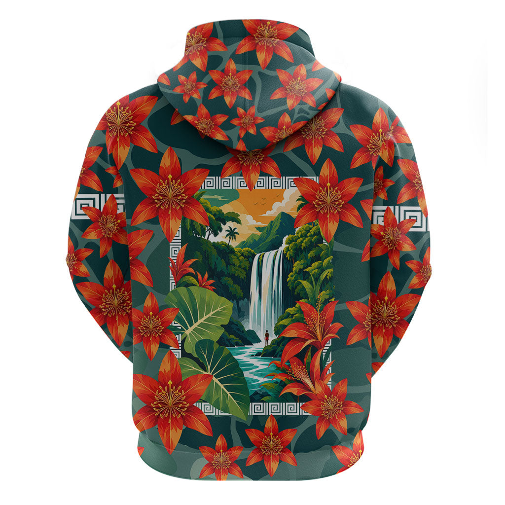 Fiji Taveuni Parrot Zip Hoodie Tropical Waterfall Landscape With Floral Tribal Pattern
