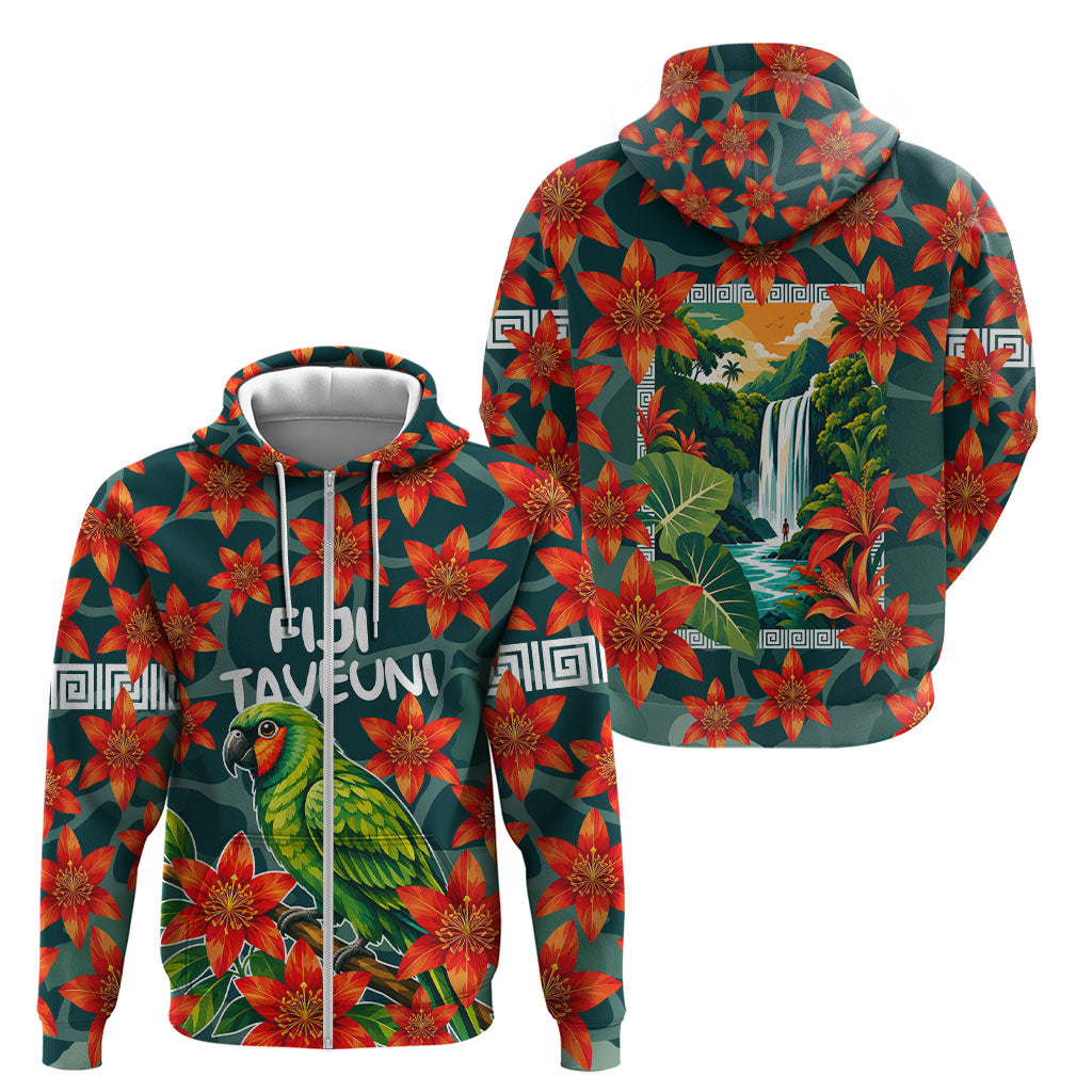Fiji Taveuni Parrot Zip Hoodie Tropical Waterfall Landscape With Floral Tribal Pattern