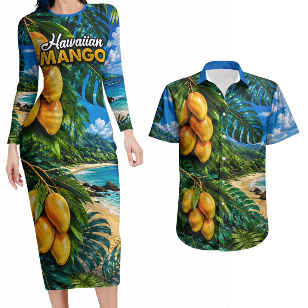 Hawaiian Mango Tropical Beach Couples Matching Long Sleeve Bodycon Dress and Hawaiian Shirt Scenic Island Nature Exotic Fruit Graphic