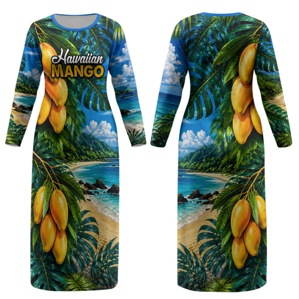 Hawaiian Mango Tropical Beach Couples Matching Long Sleeve Bodycon Dress and Hawaiian Shirt Scenic Island Nature Exotic Fruit Graphic