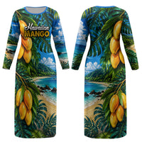 Hawaiian Mango Tropical Beach Couples Matching Long Sleeve Bodycon Dress and Hawaiian Shirt Scenic Island Nature Exotic Fruit Graphic