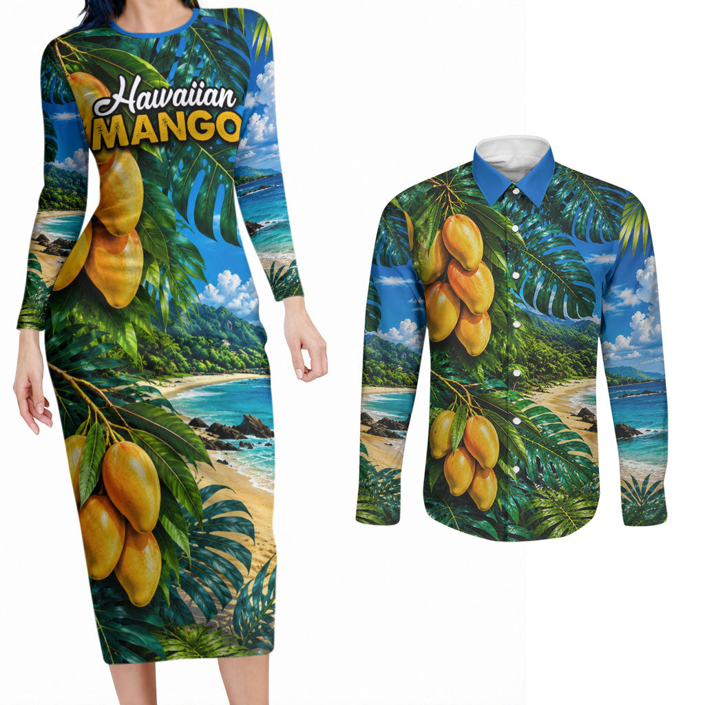 Hawaiian Mango Tropical Beach Couples Matching Long Sleeve Bodycon Dress and Long Sleeve Button Shirt Scenic Island Nature Exotic Fruit Graphic