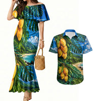 Hawaiian Mango Tropical Beach Couples Matching Mermaid Dress and Hawaiian Shirt Scenic Island Nature Exotic Fruit Graphic