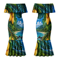 Hawaiian Mango Tropical Beach Couples Matching Mermaid Dress and Hawaiian Shirt Scenic Island Nature Exotic Fruit Graphic