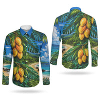 Hawaiian Mango Tropical Beach Couples Matching Mermaid Dress and Long Sleeve Button Shirt Scenic Island Nature Exotic Fruit Graphic
