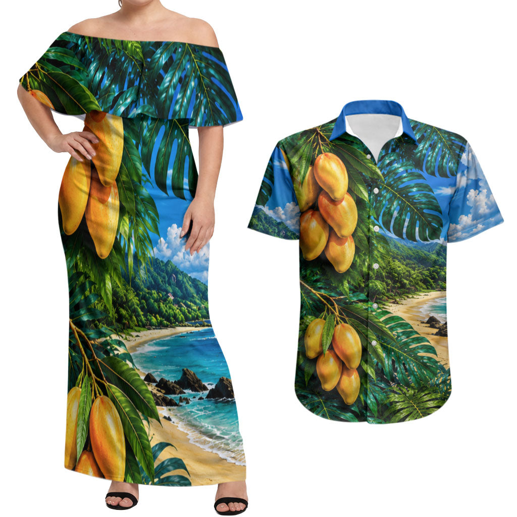 Hawaiian Mango Tropical Beach Couples Matching Off Shoulder Maxi Dress and Hawaiian Shirt Scenic Island Nature Exotic Fruit Graphic