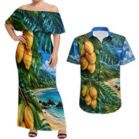 Hawaiian Mango Tropical Beach Couples Matching Off Shoulder Maxi Dress and Hawaiian Shirt Scenic Island Nature Exotic Fruit Graphic