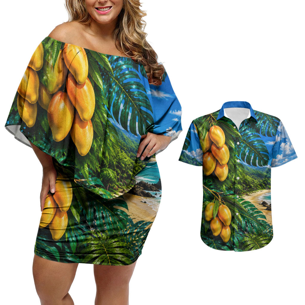 Hawaiian Mango Tropical Beach Couples Matching Off Shoulder Short Dress and Hawaiian Shirt Scenic Island Nature Exotic Fruit Graphic