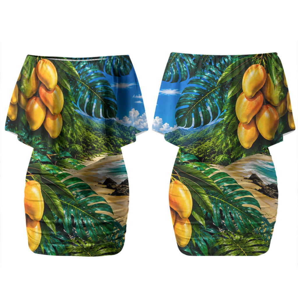 Hawaiian Mango Tropical Beach Couples Matching Off Shoulder Short Dress and Hawaiian Shirt Scenic Island Nature Exotic Fruit Graphic