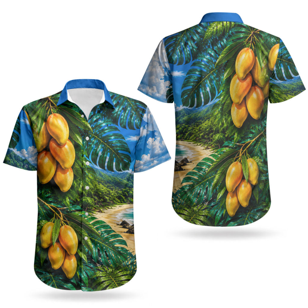 Hawaiian Mango Tropical Beach Couples Matching Off Shoulder Short Dress and Hawaiian Shirt Scenic Island Nature Exotic Fruit Graphic