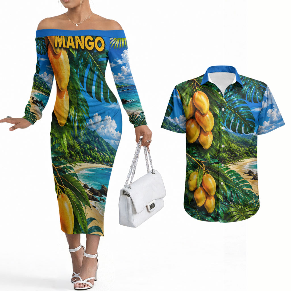 Hawaiian Mango Tropical Beach Couples Matching Off The Shoulder Long Sleeve Dress and Hawaiian Shirt Scenic Island Nature Exotic Fruit Graphic