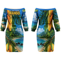 Hawaiian Mango Tropical Beach Couples Matching Off The Shoulder Long Sleeve Dress and Hawaiian Shirt Scenic Island Nature Exotic Fruit Graphic
