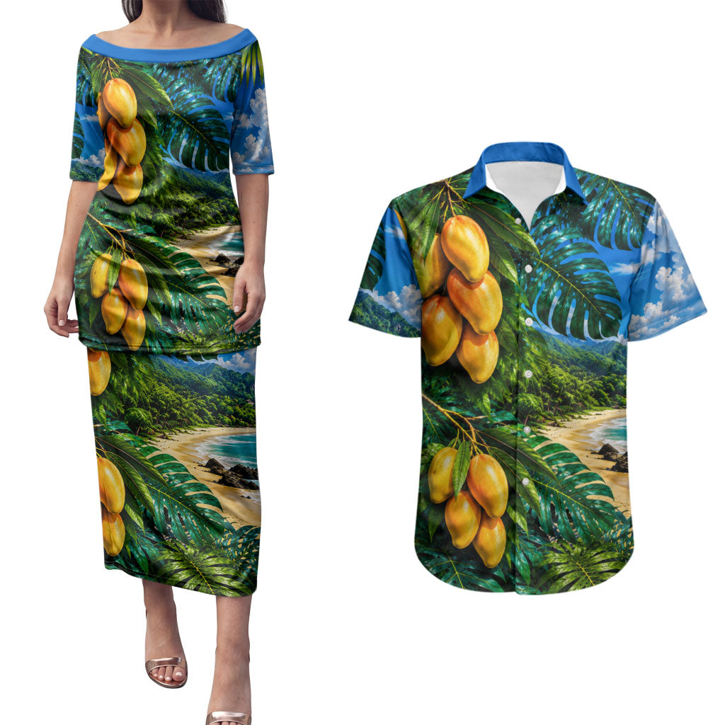 Hawaiian Mango Tropical Beach Couples Matching Puletasi and Hawaiian Shirt Scenic Island Nature Exotic Fruit Graphic