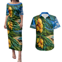 Hawaiian Mango Tropical Beach Couples Matching Puletasi and Hawaiian Shirt Scenic Island Nature Exotic Fruit Graphic