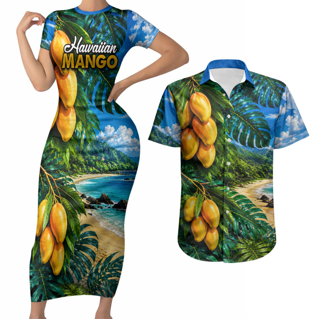 Hawaiian Mango Tropical Beach Couples Matching Short Sleeve Bodycon Dress and Hawaiian Shirt Scenic Island Nature Exotic Fruit Graphic