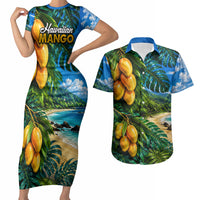 Hawaiian Mango Tropical Beach Couples Matching Short Sleeve Bodycon Dress and Hawaiian Shirt Scenic Island Nature Exotic Fruit Graphic