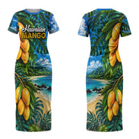 Hawaiian Mango Tropical Beach Couples Matching Short Sleeve Bodycon Dress and Hawaiian Shirt Scenic Island Nature Exotic Fruit Graphic