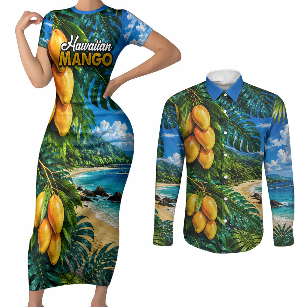 Hawaiian Mango Tropical Beach Couples Matching Short Sleeve Bodycon Dress and Long Sleeve Button Shirt Scenic Island Nature Exotic Fruit Graphic