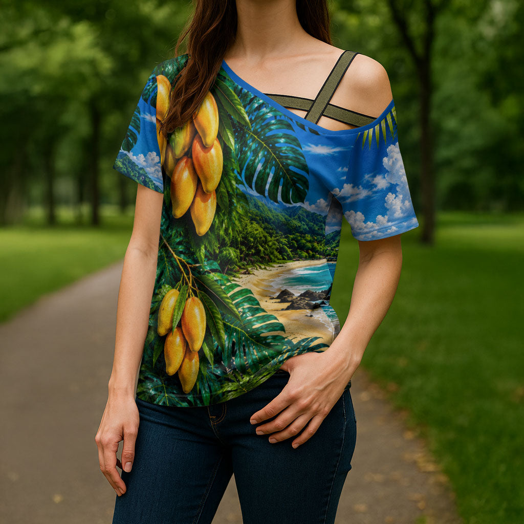 Hawaiian Mango Tropical Beach Cross Shoulder Shirt Scenic Island Nature Exotic Fruit Graphic