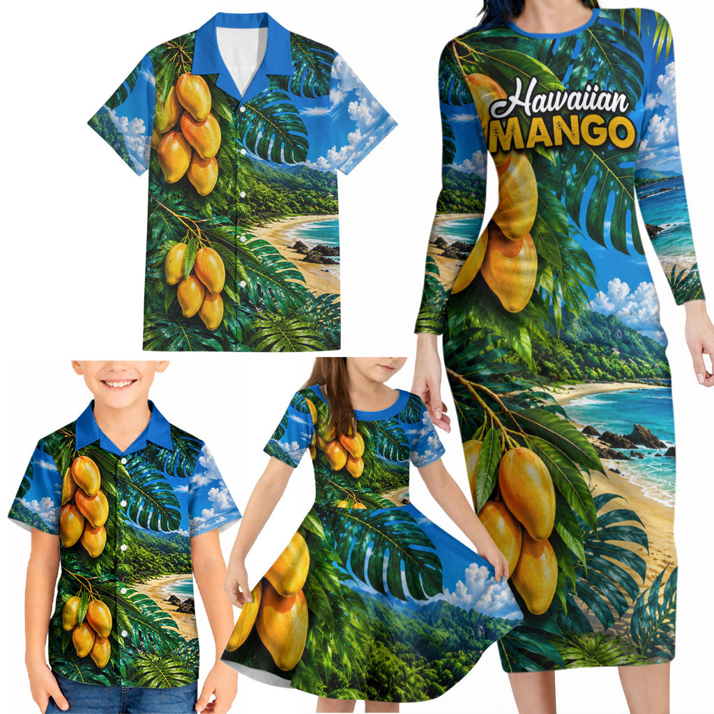 Hawaiian Mango Tropical Beach Family Matching Long Sleeve Bodycon Dress and Hawaiian Shirt Scenic Island Nature Exotic Fruit Graphic
