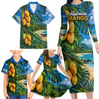 Hawaiian Mango Tropical Beach Family Matching Long Sleeve Bodycon Dress and Hawaiian Shirt Scenic Island Nature Exotic Fruit Graphic