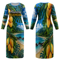 Hawaiian Mango Tropical Beach Family Matching Long Sleeve Bodycon Dress and Hawaiian Shirt Scenic Island Nature Exotic Fruit Graphic