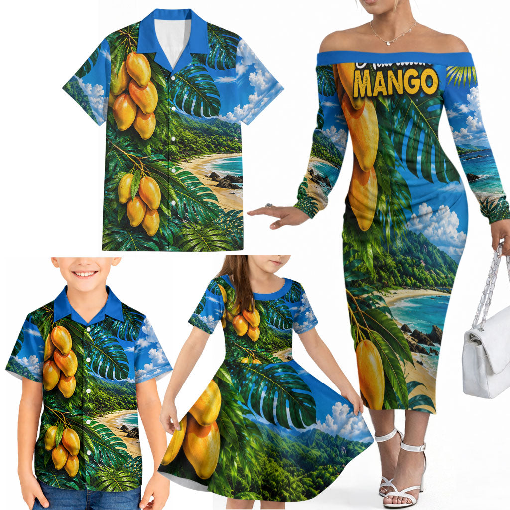 Hawaiian Mango Tropical Beach Family Matching Off The Shoulder Long Sleeve Dress and Hawaiian Shirt Scenic Island Nature Exotic Fruit Graphic