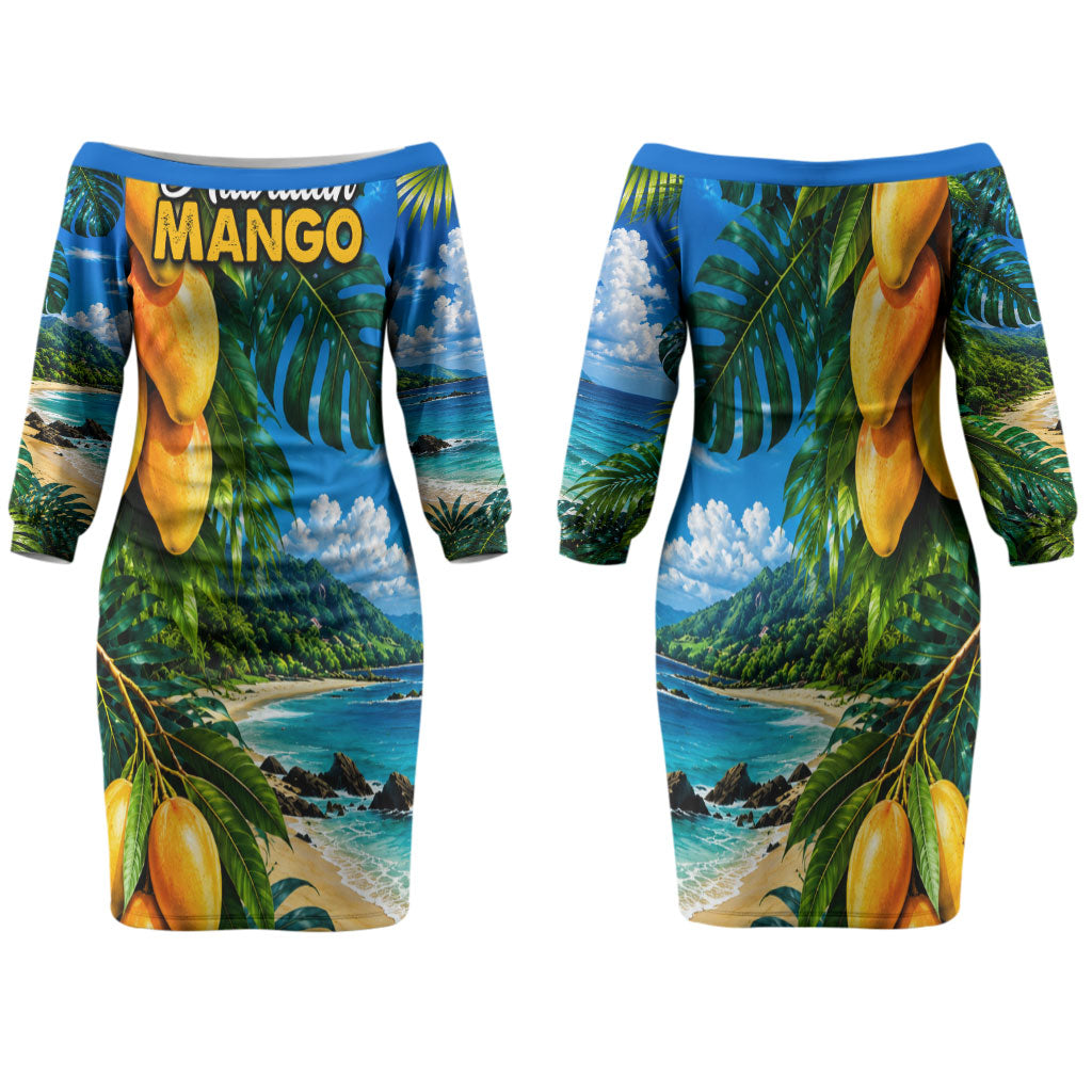 Hawaiian Mango Tropical Beach Family Matching Off The Shoulder Long Sleeve Dress and Hawaiian Shirt Scenic Island Nature Exotic Fruit Graphic