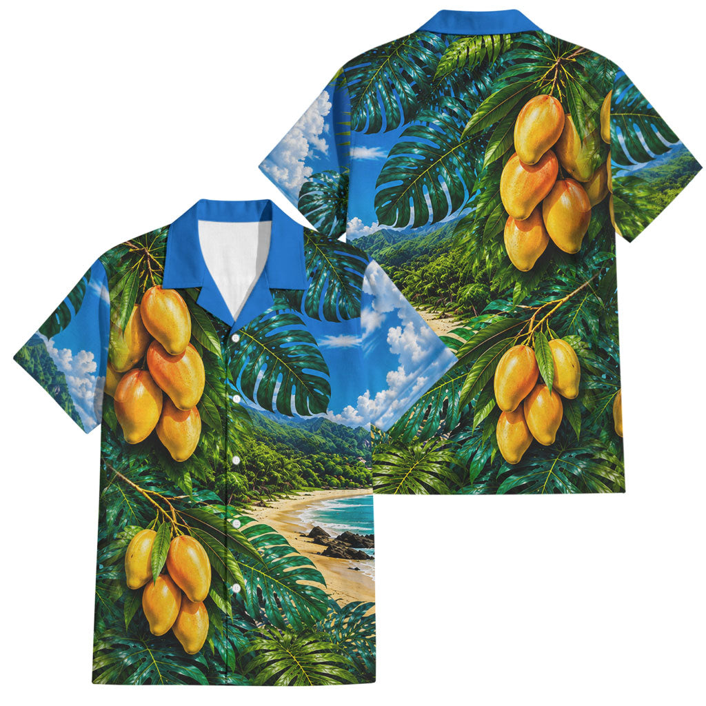 Hawaiian Mango Tropical Beach Family Matching Off The Shoulder Long Sleeve Dress and Hawaiian Shirt Scenic Island Nature Exotic Fruit Graphic