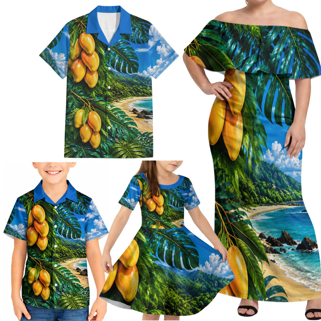 Hawaiian Mango Tropical Beach Family Matching Off Shoulder Maxi Dress and Hawaiian Shirt Scenic Island Nature Exotic Fruit Graphic