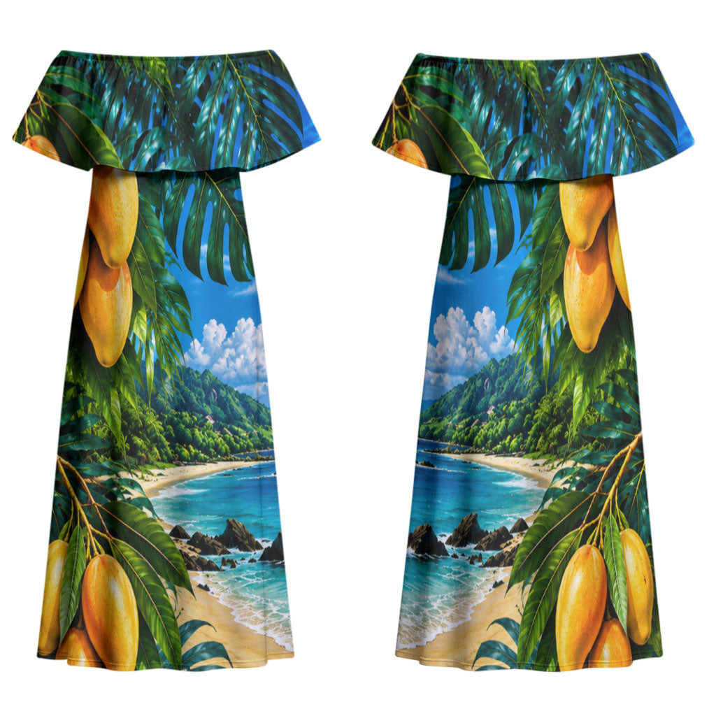 Hawaiian Mango Tropical Beach Family Matching Off Shoulder Maxi Dress and Hawaiian Shirt Scenic Island Nature Exotic Fruit Graphic