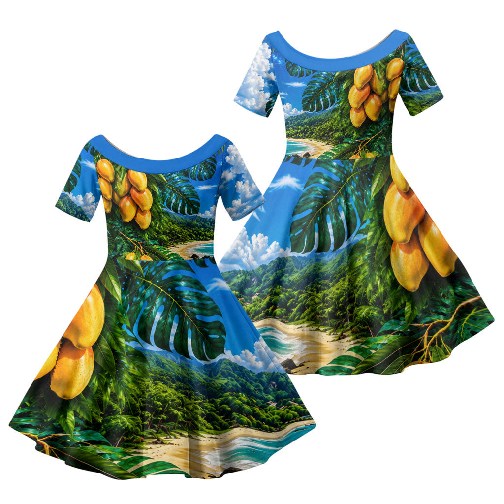 Hawaiian Mango Tropical Beach Family Matching Off Shoulder Maxi Dress and Hawaiian Shirt Scenic Island Nature Exotic Fruit Graphic