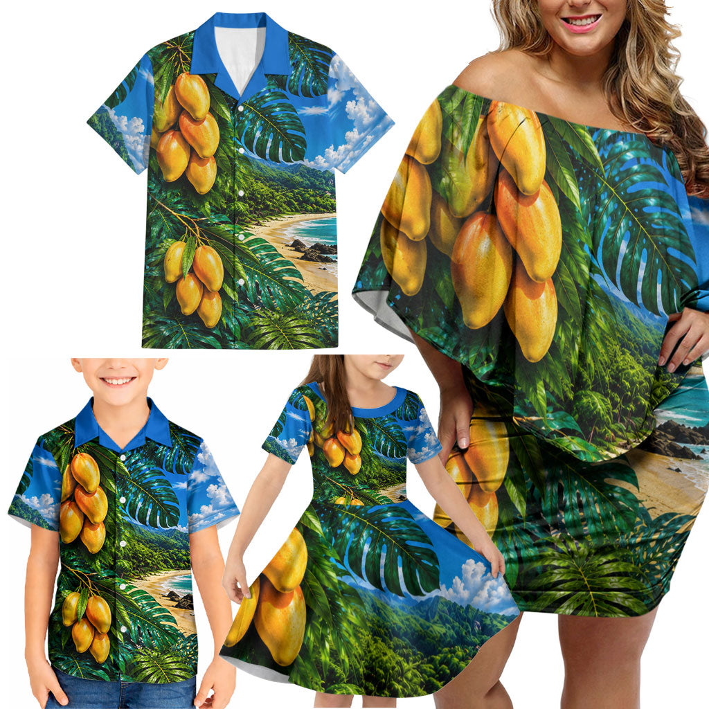 Hawaiian Mango Tropical Beach Family Matching Off Shoulder Short Dress and Hawaiian Shirt Scenic Island Nature Exotic Fruit Graphic TS04 - Polynesian Pride