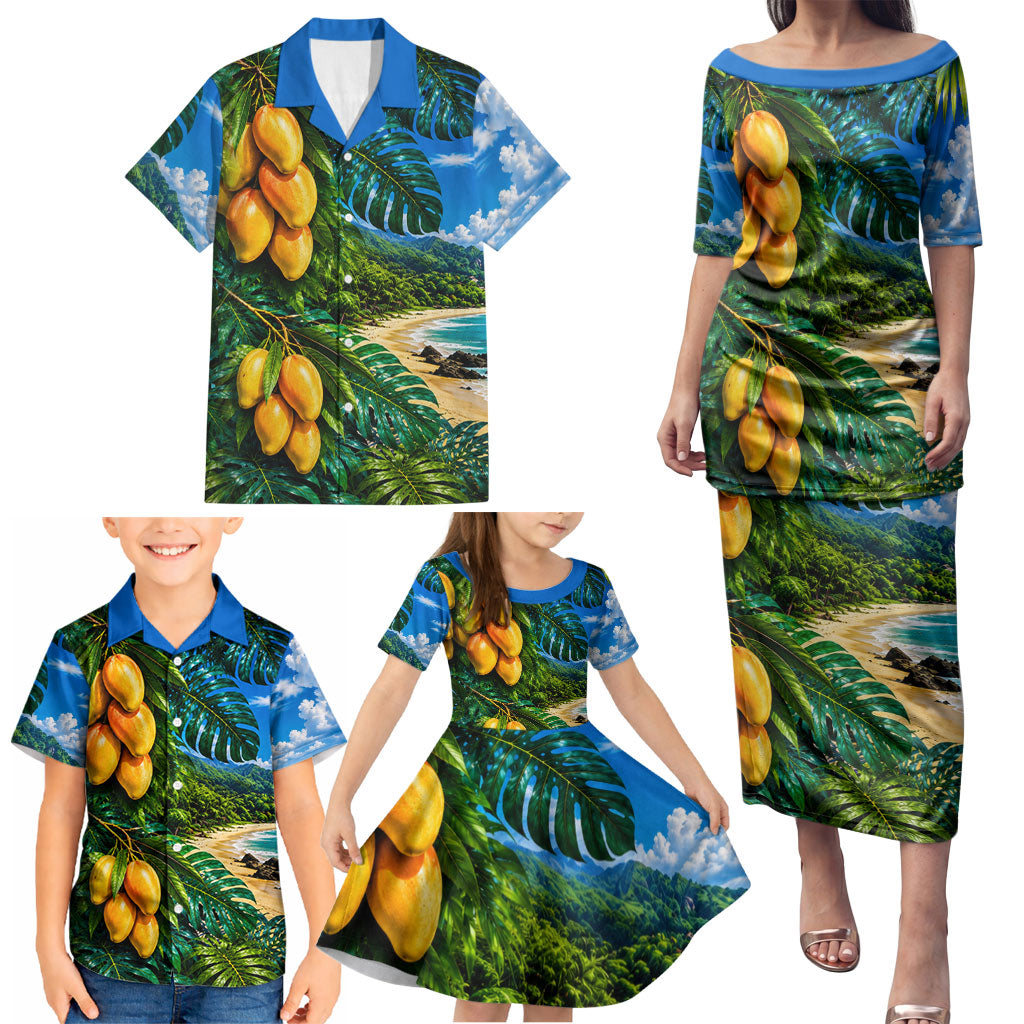 Hawaiian Mango Tropical Beach Family Matching Puletasi and Hawaiian Shirt Scenic Island Nature Exotic Fruit Graphic