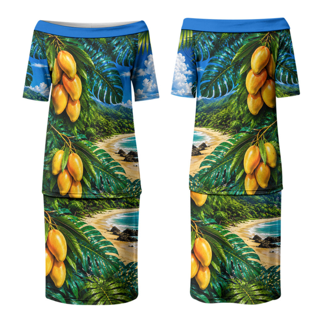 Hawaiian Mango Tropical Beach Family Matching Puletasi and Hawaiian Shirt Scenic Island Nature Exotic Fruit Graphic