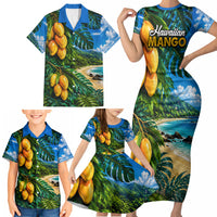 Hawaiian Mango Tropical Beach Family Matching Short Sleeve Bodycon Dress and Hawaiian Shirt Scenic Island Nature Exotic Fruit Graphic