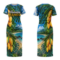Hawaiian Mango Tropical Beach Family Matching Short Sleeve Bodycon Dress and Hawaiian Shirt Scenic Island Nature Exotic Fruit Graphic