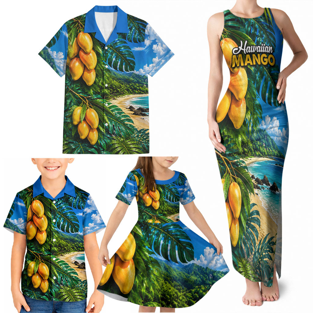 Hawaiian Mango Tropical Beach Family Matching Tank Maxi Dress and Hawaiian Shirt Scenic Island Nature Exotic Fruit Graphic