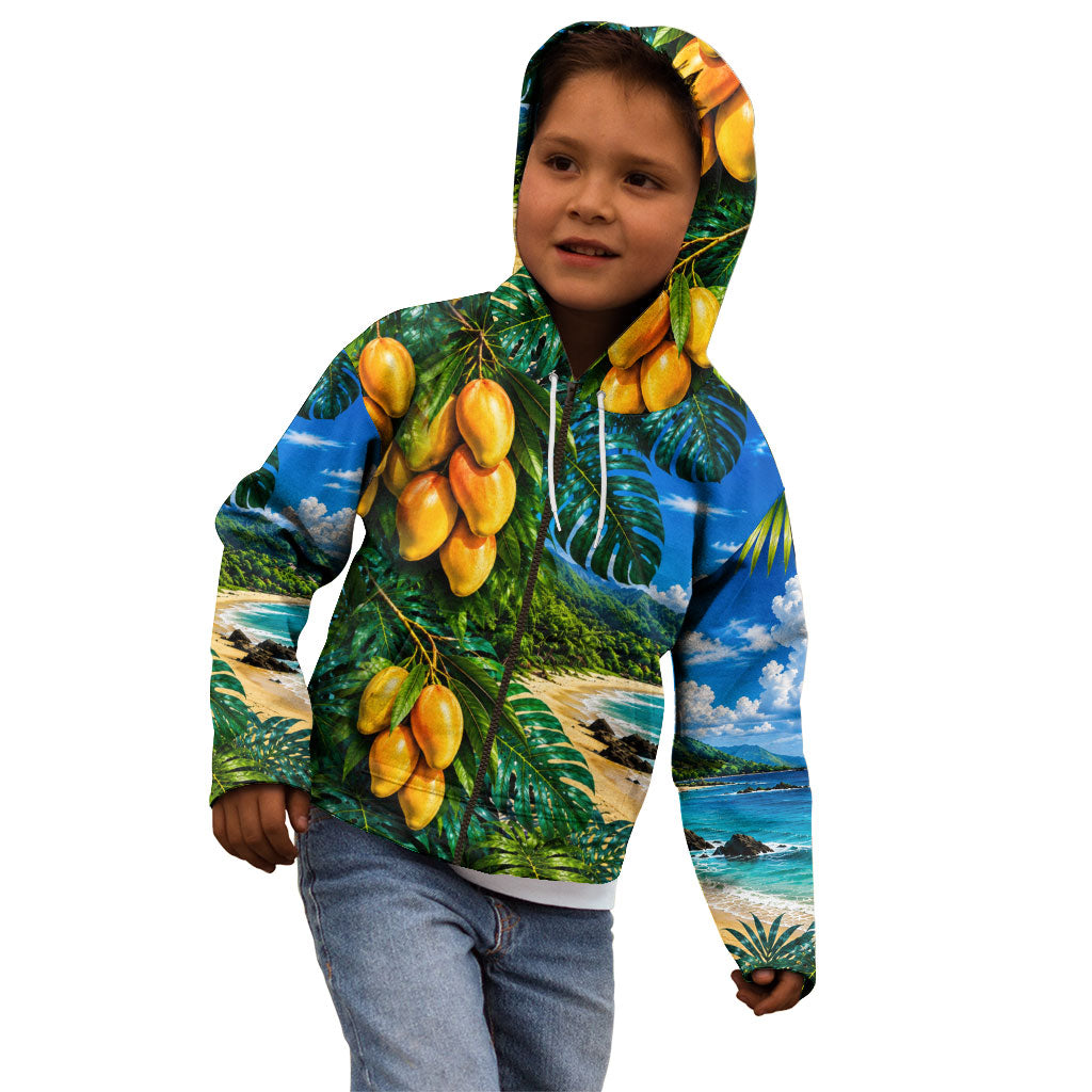 Hawaiian Mango Tropical Beach Kid Hoodie Scenic Island Nature Exotic Fruit Graphic