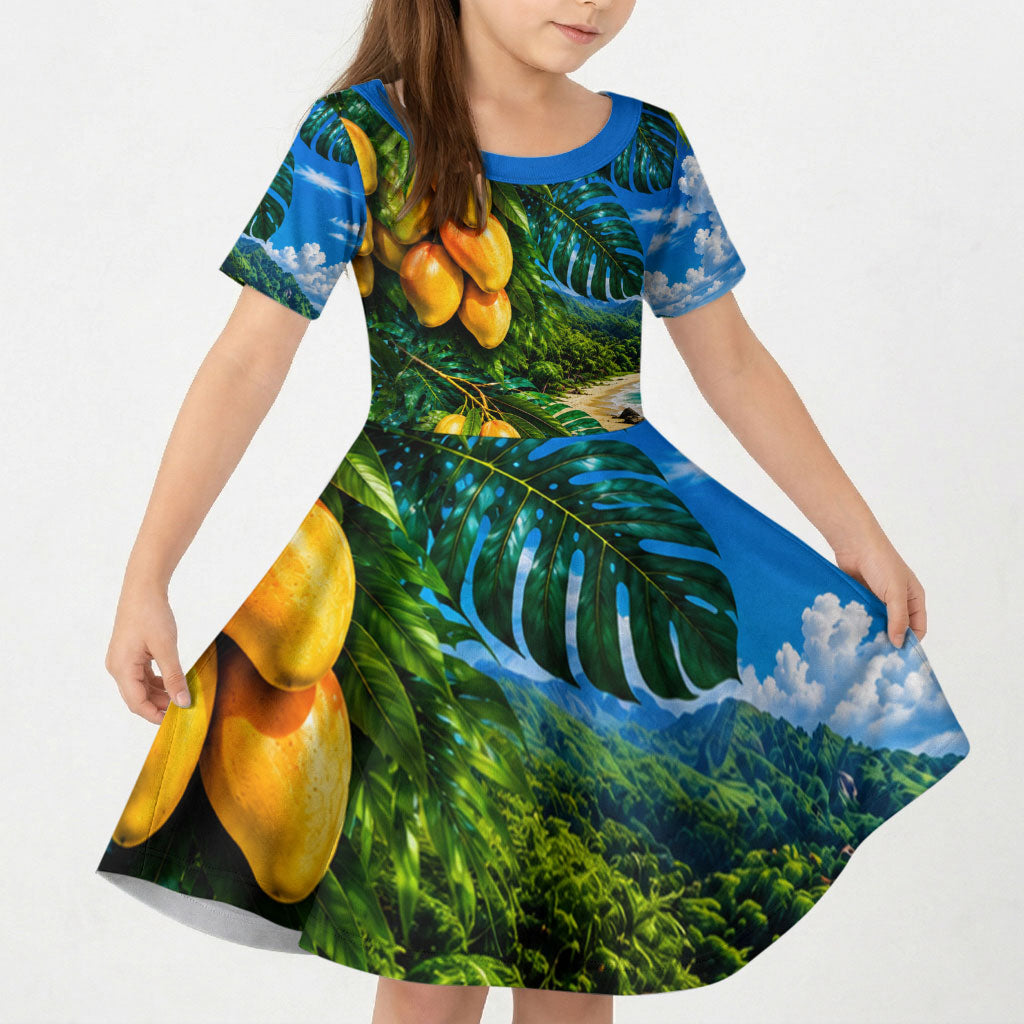 Hawaiian Mango Tropical Beach Kid Short Sleeve Dress Scenic Island Nature Exotic Fruit Graphic