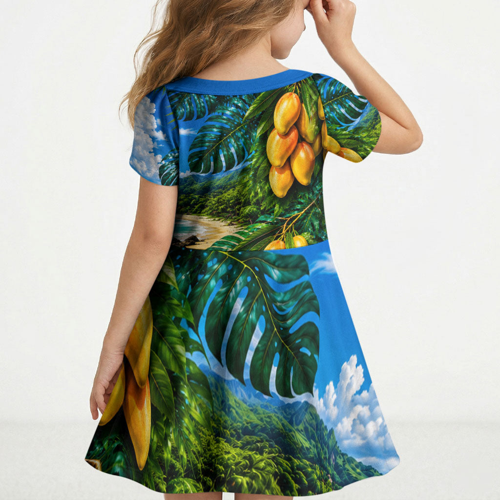 Hawaiian Mango Tropical Beach Kid Short Sleeve Dress Scenic Island Nature Exotic Fruit Graphic